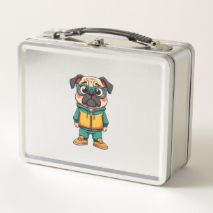 Vintage Hipster Pug Dog Cartoon Streetwear Graphic Metal Lunch Box