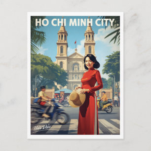 Vintage Ho Chi Minh Woman Ao Dai Postcard