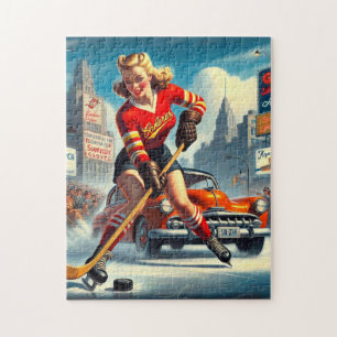 Vintage Hockey Girl Jigsaw Puzzle