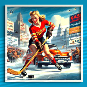 Vintage Hockey Girl Poster