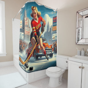 Vintage Hockey Girl Shower Curtain
