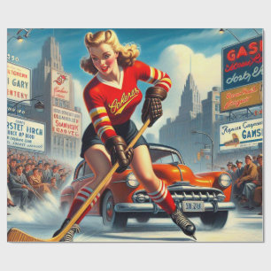 Vintage Hockey Girl Wrapping Paper