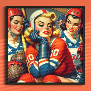 Vintage Hockey Girls Illustration Poster