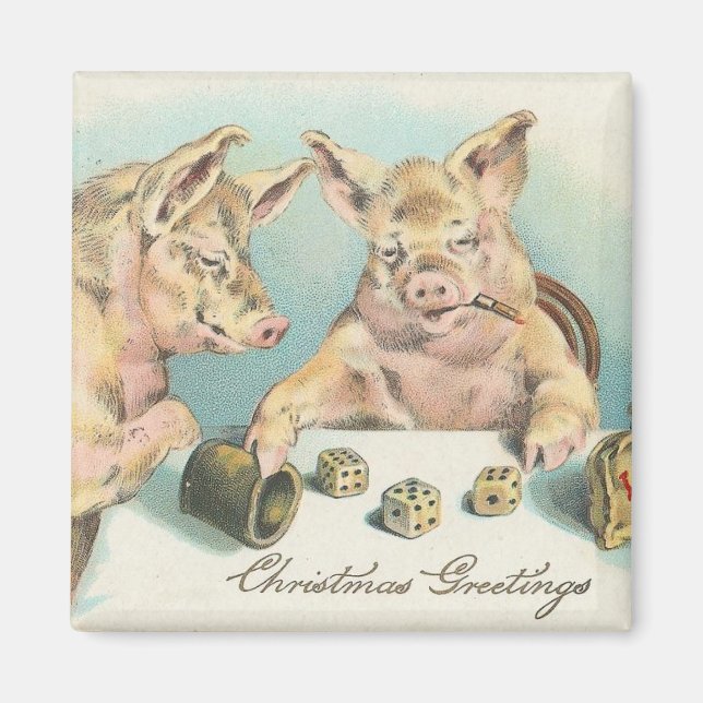 Vintage Hogs Playing Dice Christmas Greeting Magnet (Front)