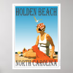 Vintage Holden Beach Poster<br><div class="desc">Holden A retro poster that never was until now. A creative redo of an old poster that should have been. Holden Beach,  North Carolina in retro style from the art deco era. Bright colours with a woman on the beach under a blue sky.</div>