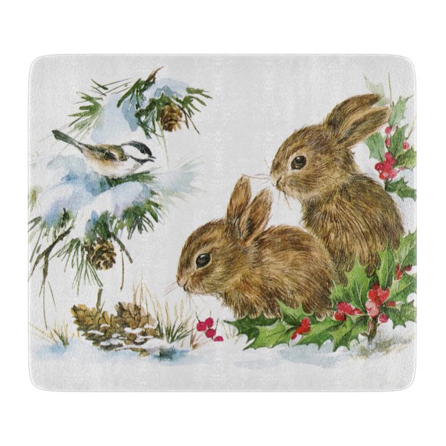 Vintage Holiday Bird and Bunnies Cutting Board (Front)