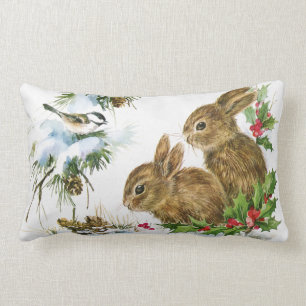 Vintage Holiday Bird and Bunnies Lumbar Cushion