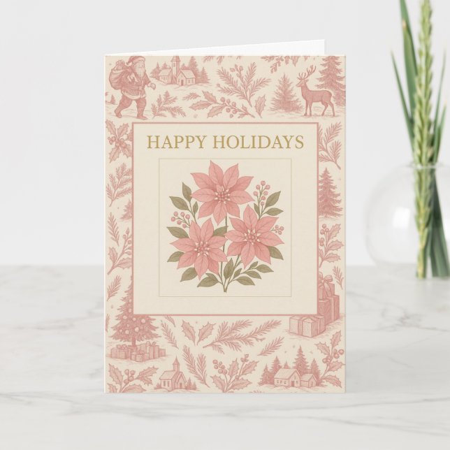 Vintage Holiday Card with Pink Poinsettias (Front)