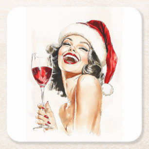 Vintage Holiday Cheer in Watercolor Square Paper Coaster