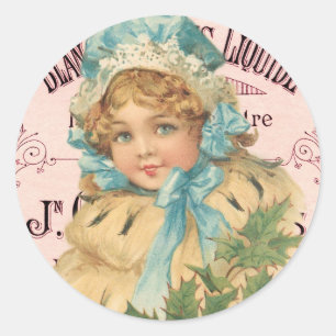 Vintage Holiday Cute Girl Christmas Holly Pink Ad Classic Round Sticker