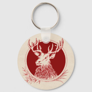 Vintage Holiday Elk Print Key Ring
