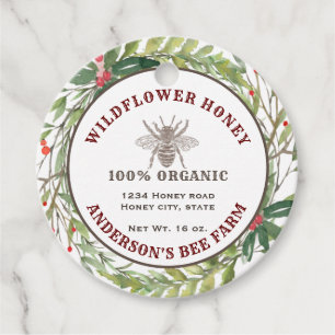 Vintage holiday floral wreath bee  honey jar label