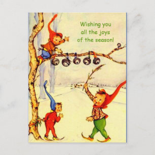 Vintage Holiday Gnomes Postcard, Cute 1930's Image