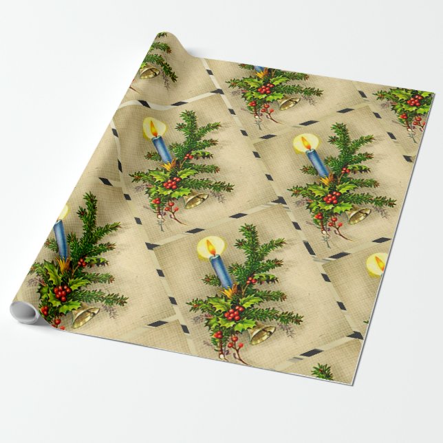 Vintage Holiday Greenery Candle Wrapping Paper (Unrolled)