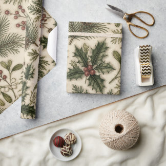 Vintage Holiday Greenery Mix Wrapping Paper