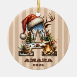 Vintage Holiday Letter A Beige-Striped Ceramic Tree Decoration