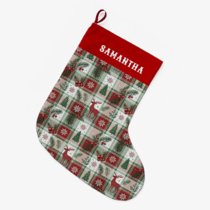 Vintage Holiday Plaid Christmas Holly Pattern Large Christmas Stocking