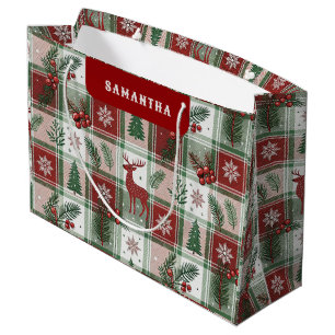 Vintage Holiday Plaid Christmas Holly Pattern Large Gift Bag