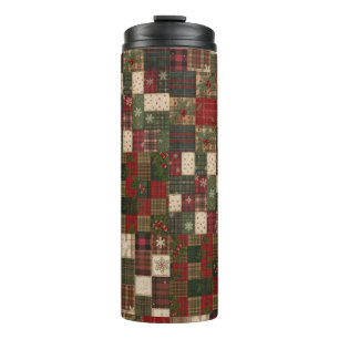 Vintage Holiday Quilt – Cozy Plaid, Snowflakes & F Thermal Tumbler