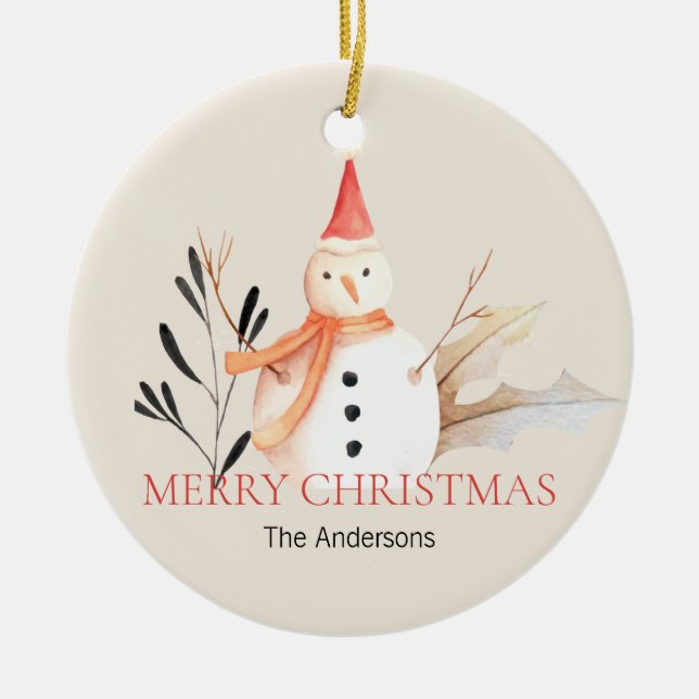 Vintage Holiday Snowman Christmas Ceramic Ornament (Front)