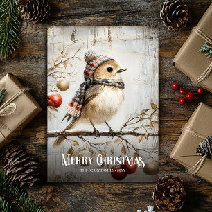 Vintage Holiday Watercolor Red White Bird Card