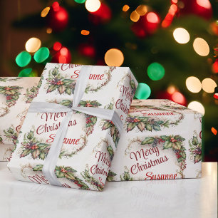 Vintage Holly Add Recipient's Name Christmas Wrapping Paper