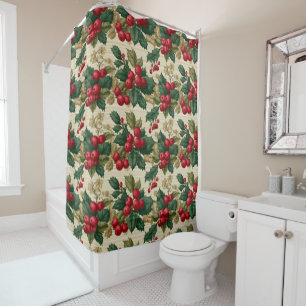 Vintage Holly and Berries Christmas Pattern Shower Curtain