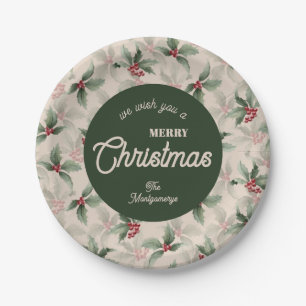 Vintage Holly and Berries Merry Christmas Paper Plate