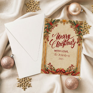 Vintage Holly and Gold Christmas Holiday Card