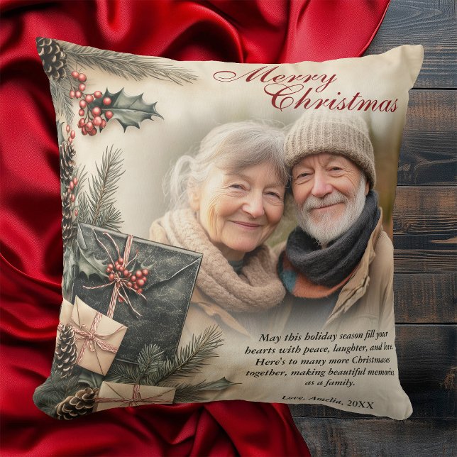 Vintage Holly Berries Beige Photo Christmas Cushion (Vintage Holly Berries Beige Photo Christmas Throw Pillow)