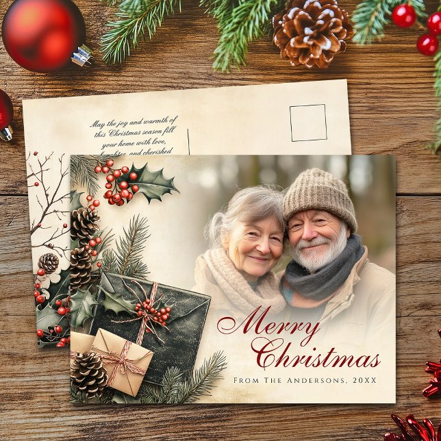 Vintage Holly Berries Beige Photo Christmas Holiday Postcard (Vintage Holly Berries Beige Photo Christmas Holiday Postcard)