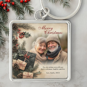 Vintage Holly Berries Beige Photo Christmas Key Ring
