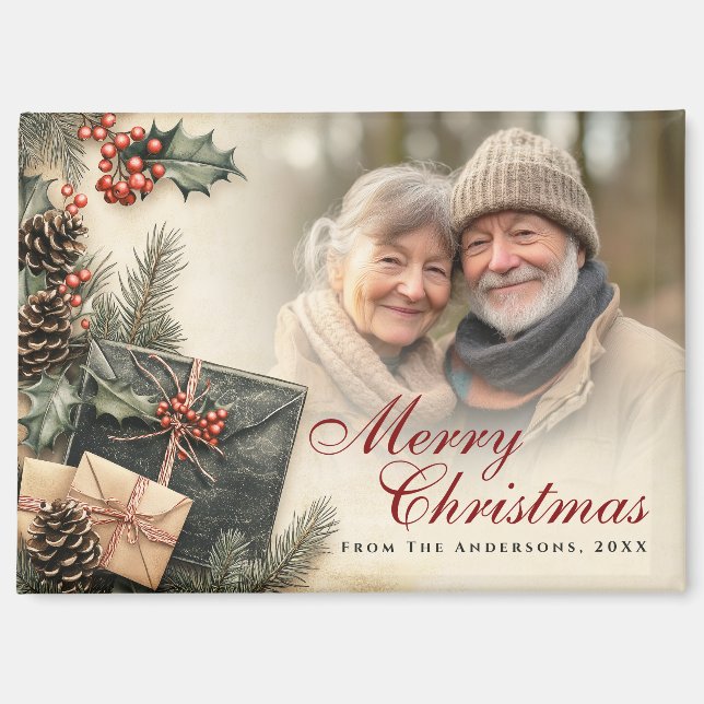 Vintage Holly Berries Beige Photo Christmas Magnet (Front)