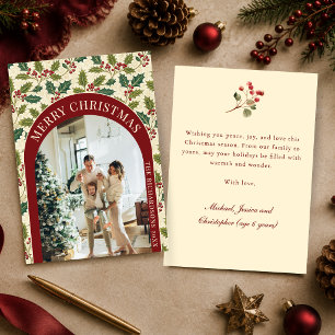Vintage Holly & Berries Botanical Christmas Photo Holiday Card