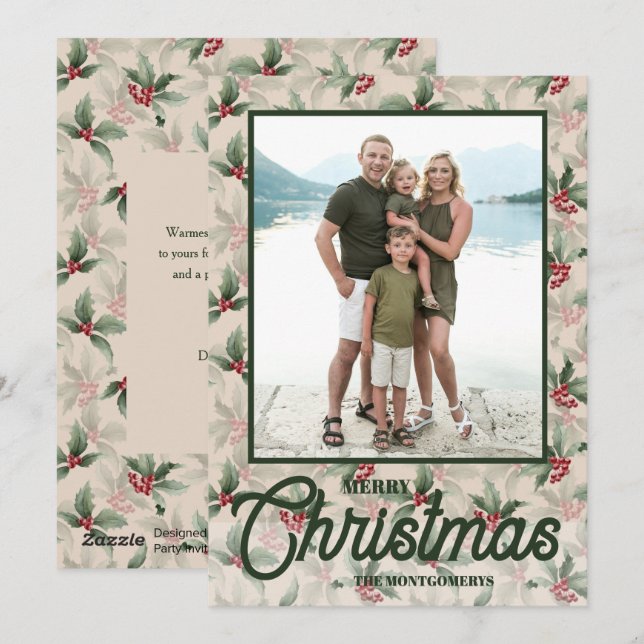Vintage Holly Berries Merry Christmas Photo Holiday Card (Front/Back)