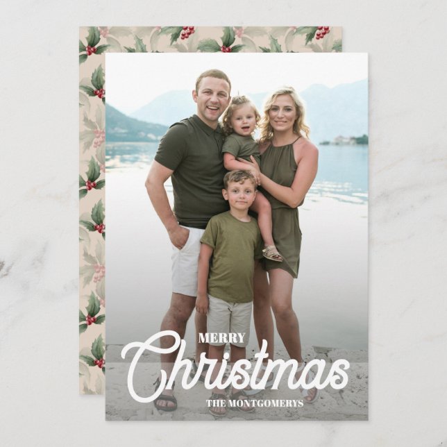 Vintage Holly Berries Merry Christmas Photo Holiday Card (Front/Back)