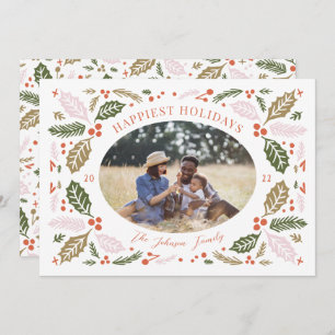 Vintage Holly Berries Oval Photo Colourful Brigh Holiday Card