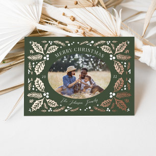 Vintage Holly Berries Photo Christmas Evergreen Foil Holiday Card