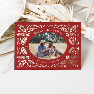 Vintage Holly Berries Photo Christmas Red Foil Holiday Card