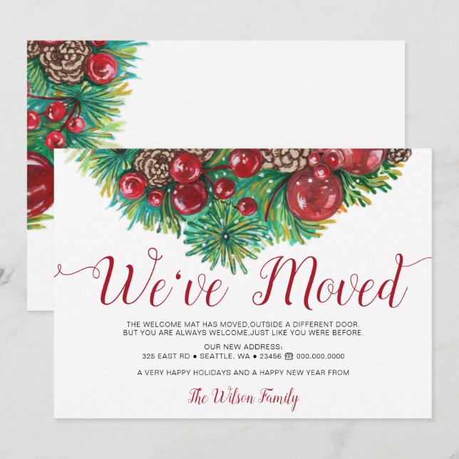 Vintage Holly Berries Pine Cone Holiday Moving Announcement (Front/Back)