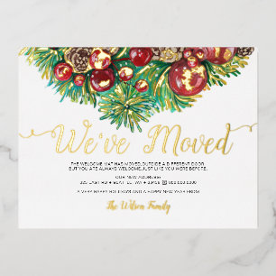 Vintage Holly Berries Pine Cone Moving Foil Holiday Postcard