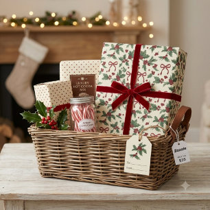 Vintage Holly Berry Christmas Red Wrapping Paper