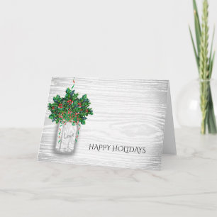 Vintage Holly Berry Mason Jar Rustic Holiday Card