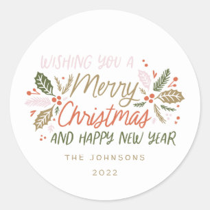 Vintage Holly Bright Typography Christmas Classic Round Sticker