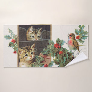 Vintage holly cats and bird bath towel set