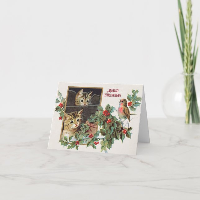 Vintage holly cats and bird christmas holiday card (Front)