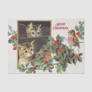 Vintage holly cats and bird christmas tissue paper