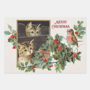 Vintage holly cats and bird christmas wrapping paper sheet