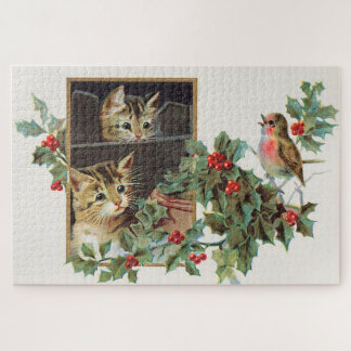 Vintage holly cats and bird  jigsaw puzzle