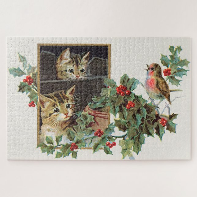 Vintage holly cats and bird  jigsaw puzzle (Horizontal)